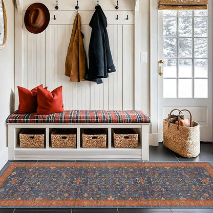 Navy Blue Washable Hallway Runner Rug 2x10 Non Slip Rugs for Kitchen, Mudroom, Bathroom, Hall Way - 10 ft Long Dark Boho Geometric Decor, Fade & Stain Resistance