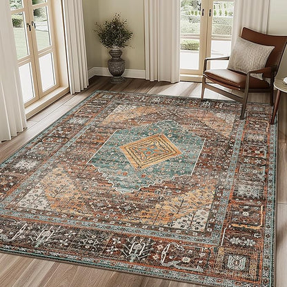Bavni Washable Rug 4x6 Area Rug for Living Room Bedroom Dining, Washable Print Carpet, Low Pile Lightweight Rug with Non Slip Backing, Vintage Brown/Blue