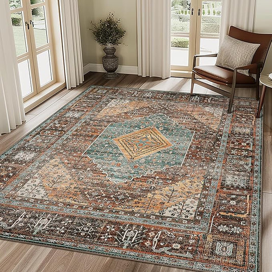 Bavni Washable Rug 4x6 Area Rug for Living Room Bedroom Dining, Washable Print Carpet, Low Pile Lightweight Rug with Non Slip Backing, Vintage Brown/Blue