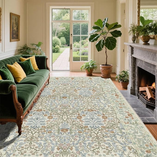 Vintage Beige Blue Living Room Rug, 6x9 Washable Area Rugs for Dining Room Under Table, Soft Low Pile Large Carpet Bedroom, Non-Slip Boho Floral (6 x 9 Beige Blue)