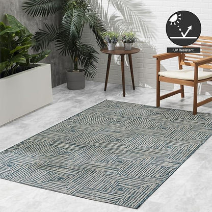 FH Home Outdoor Rug - Waterproof Easy to Clean Stain Resistant - Patio Indoor Outdoor Porch Deck Balcony Entryway - Geometric Modern - Budapest - Aqua - 7ft 8in x 9ft 8in