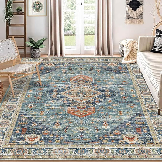 Enkor Area Soft Rugs 8x10 Washable Non Slip Boho Floor Rugs for Living Room Bedroom, Vintage Style Farmhouse Mat for Kitchen Entryway Green & Blue