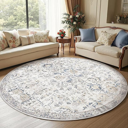 jinchan Kalen Round Rug 7ft Area Rug Washable Vintage Indoor Retro Floor Cover Distressed Floral 7' Round Circle Boho Non Slip Thin Carpet for Living Room Dining Room Bedroom Kitchen Blue
