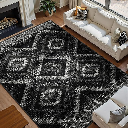 Area Rug 10x12 Rug Machine Washable Non-Slip Low Pile Print Pattern Western Rug for Living Room Bedroom Entryway Tribal Series-Black