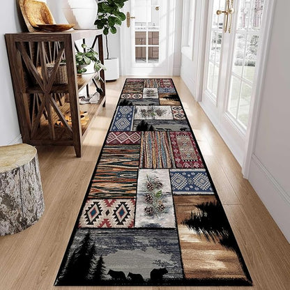 Rustic Country Woodland Bear Wolf Multicolor Animal Rug, 4' x 12', Machine Made, Low Pile, Indoor, Adult, Spot Clean Only, Runner