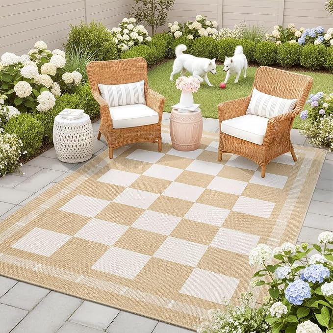 Vasofe 3x5 Plaid Rug, Jute Rugs, Washable Outdoor Indoor Checkered Carpets, Entryway Bedroom Potio Porch Kitchen Carpet, Non Slip Farmhouse Neutral Office Laundry Floor Mat, Khaki and White