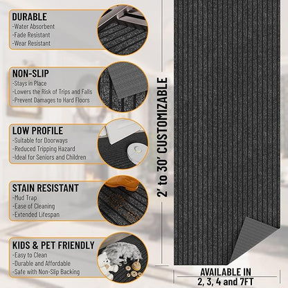 Ottomanson 2' x 28' Hallway Runner with Scraper Pile Extra Durable Non-Slip Rug Mat for Indoor & Outdoor Use - Ideal for Kitchen, Entryway, Patio & Garage - High-Traffic Carpet, Black