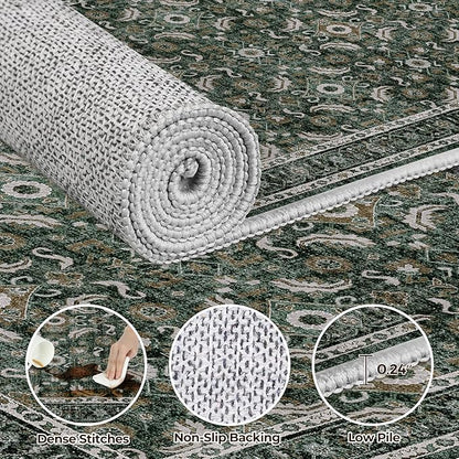 WITSHOCK Living Room Area Rugs 5x8: Soft Non-Slip Backing Washable Rugs Vintage Large Carpet for Bedroom Office Dining Room Kitchen Stain Resistant Home Decor Rug, Dark Green