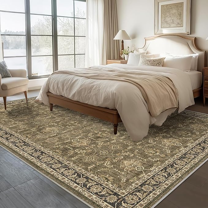 Washable Area Rug 9x12 Brown Rugs for Living Room, Vintage Boho Large Rug for Bedroom Dining Room Office, Distressed Floral Print Carpet for Under Table, Soft Non Slip Low Pile Throw Carpet Indoor Mat