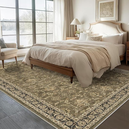 Washable Area Rug 9x12 Brown Rugs for Living Room, Vintage Boho Large Rug for Bedroom Dining Room Office, Distressed Floral Print Carpet for Under Table, Soft Non Slip Low Pile Throw Carpet Indoor Mat