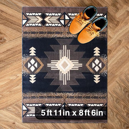 YHSF South West Native American Area Rug C318 - Easy Clean, Thick, Soft, Durable Native Tribal American Indian Inspired Rug for Bedroom/Living Room and more - Black, 5 Feet 11 Inches x 8 Feet 6 Inches