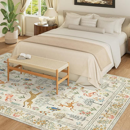 DUKINO 9x12 Rug, Washable Animal Living Room Rug with Non Slip Vintage Design, Soft Low Pile Large Carpet for Bedroom, Nursery, Dining Room, Farmhouse, Playroom, White