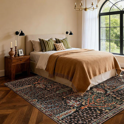 Kokia Boho Vintage Floral Area Rugs, Washable Oriental Botanical Rugs for Living Room, Bedroom, Dining Room, Office, Large Soft Indoor Area Rug, Wild Black，8x10