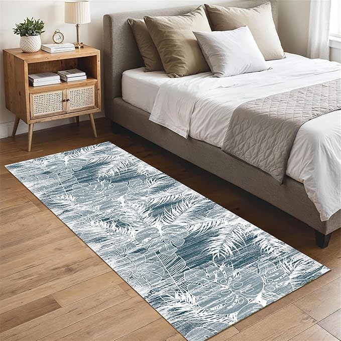 Blue White Tropical Runner Rug 3.3x10ft - Indoor Outdoor Non-Shedding Washable Carpet, Soft Durable Floor Mat for Patio, Hallway, Kitchen, Living Room
