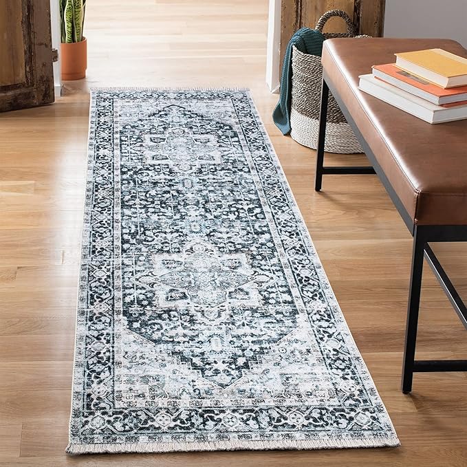 Bloom Rugs Caria Washable Non-Slip 10 ft Runner - Denim Blue Traditional Runner for Entryway, Hallway, Bathroom, and Kitchen - Exact Size: 2'6" x 10'