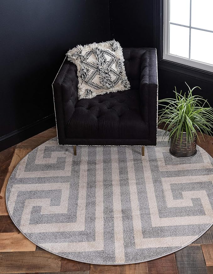Unique Loom Athens Collection Classic Geometric Modern Border Design Area Rug (6' 0 x 6' 0 Round, Gray/ Beige)