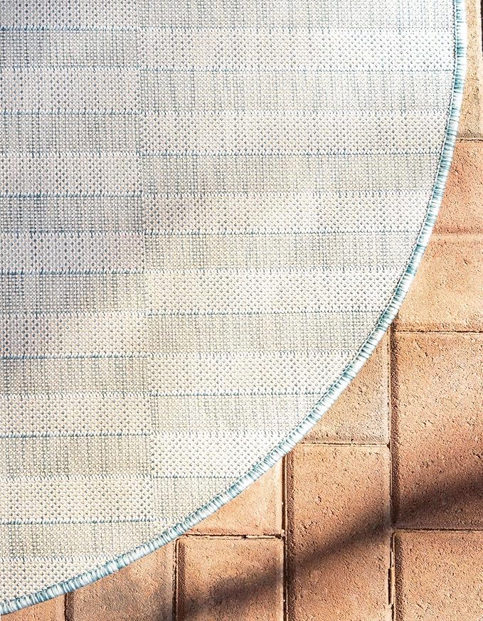 Unique Loom Outdoor Striped Collection Area Rug - Striped (4' 1" Round, Light Aqua/Ivory)