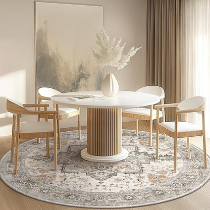 GENIMO 8FT Round Area Rugs for Living Room, Circle Rugs Machine Washable Low Pile, Chenille Non Slip Vintage Rug for Bedroom, Dining Room, Home Office, Light Taupe Brown