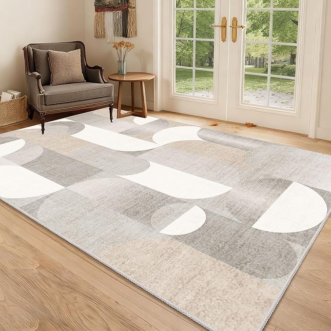 Grey Rug 3x5 Washable Area Rugs for Bedroom Living Room Kitchen Entryway Bedside,Small Modern Geometric Non Slip Carpet,Beige