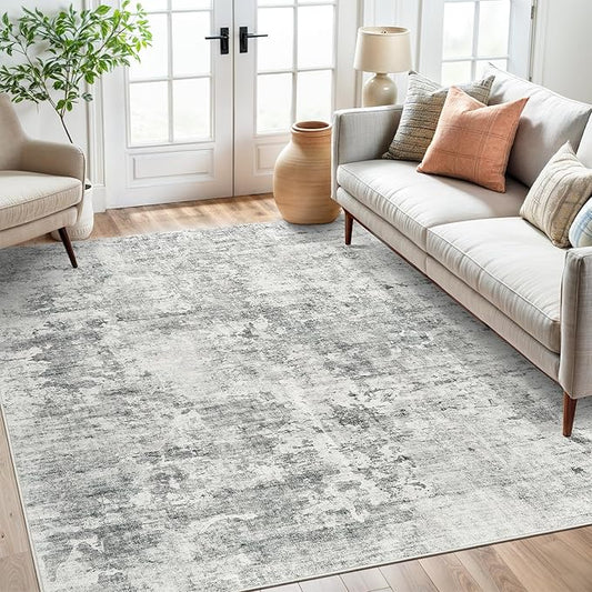 Abstract Rug 5x7 Machine Washable Area Indoor Grey White Low Pile Non-Slip Foldable Thin Accent Rugs for Bedroom Living Room Dining Room