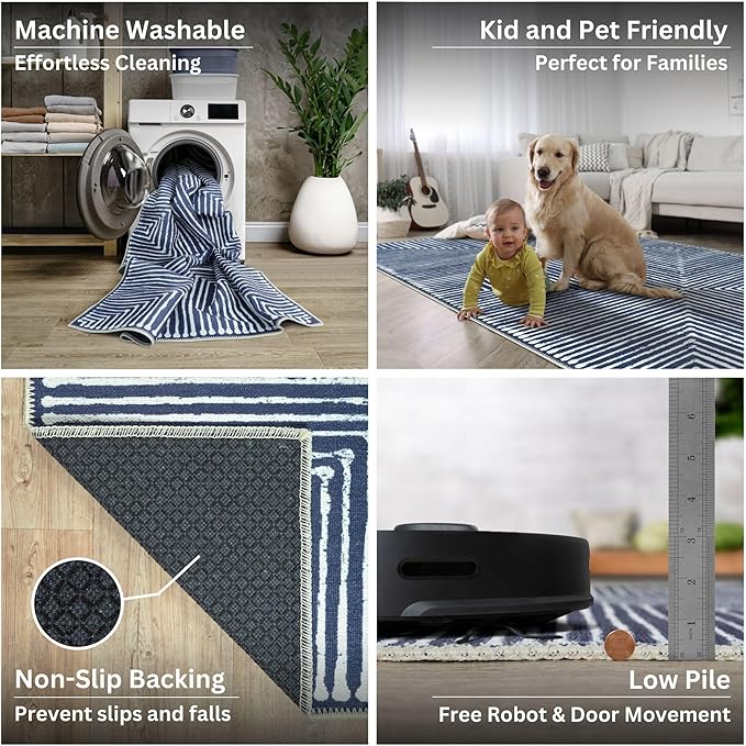 Bloom Rugs Washable Non-Slip 7 ft Runner - Blue Striped Runner for Entryway, Hallway, Bathroom, and Kitchen - Exact Size: 2.5' x 7'