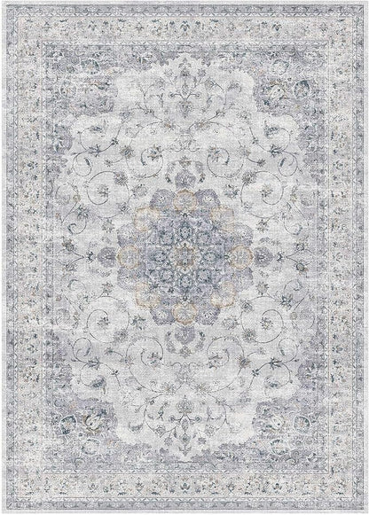 HUGEAR Machine Washable Area Rugs 5x7 Vintage Blue Living Room Bedroom Rug Neutral Style Non Slip Stain Resistant Low Pile Throw Carpet for Home Retro Aesthetic Modern Decor