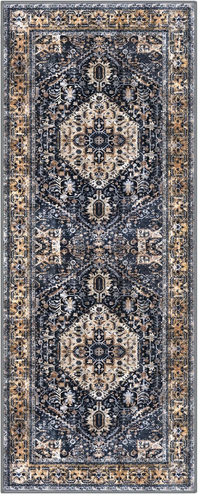 KOZYFLY Runners for Hallways 3x8 Ft Washable Kitchen Runner Rug Boho Runner Rug for Entryway Indoor Gold Navy Printed Oriental Faux Wool Floor Carpet Runner for Bedroom Kitchen Hall