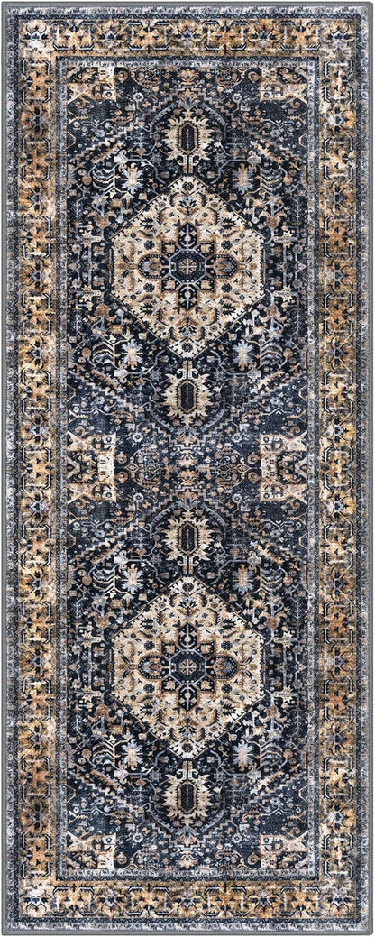 KOZYFLY Runners for Hallways 3x8 Ft Washable Kitchen Runner Rug Boho Runner Rug for Entryway Indoor Gold Navy Printed Oriental Faux Wool Floor Carpet Runner for Bedroom Kitchen Hall