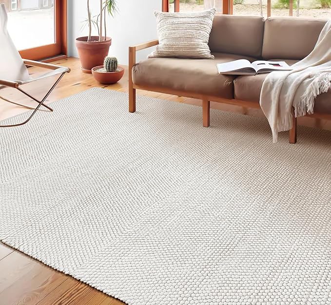Handwoven Wool Cotton Blend Area Rug 8x10', Textured Popcorn Braided Ivory Rug, Soft Thick Farmhouse Contemporary Living Room Carpet, Neutral Modern Decorative Floor Rug