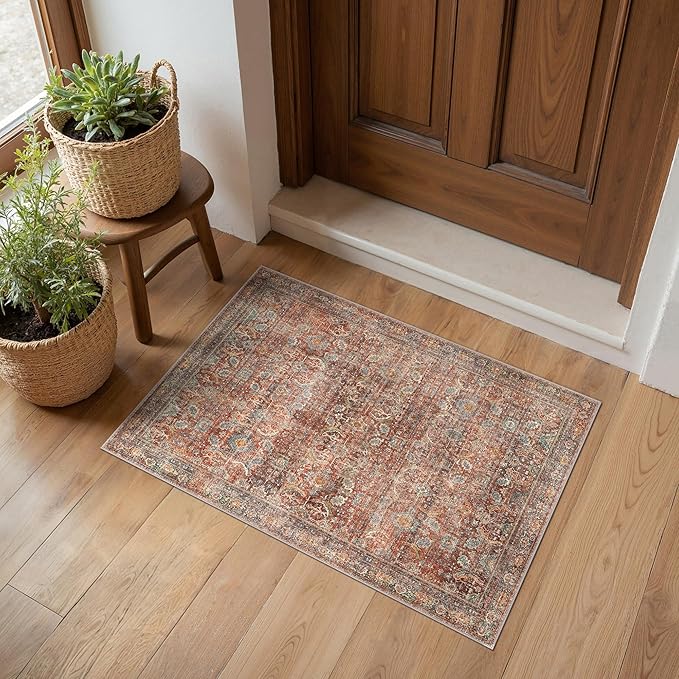 2x3 Entrance Rug Machine Washable Rug Small Door Mat,Ultra-Thin Low Pile Pad,Lightweight Indoor Carpet,Non Slip Floral Area Rug for Entryway,Bedside,Kids Room,Laundry,Bathroom,Terracotta/Indigo