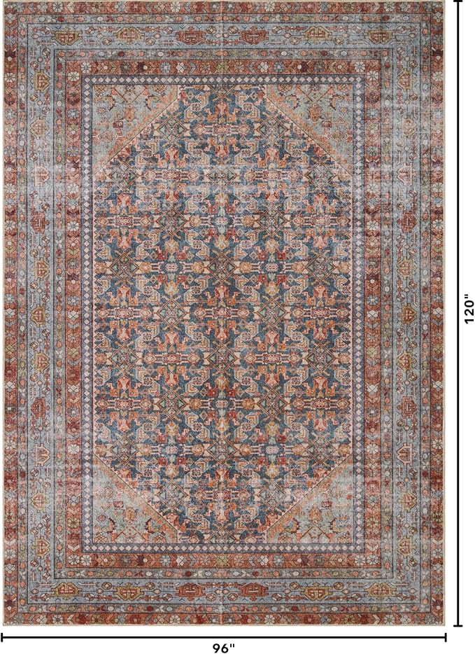 Kuden 8x10 Large Area Rug, Machine Washable Area Rug with Non-Slip Backing, Vintage Style, Soft, Easy Clean, Low Pile Rug for Living Room, Bedroom, Dining Room