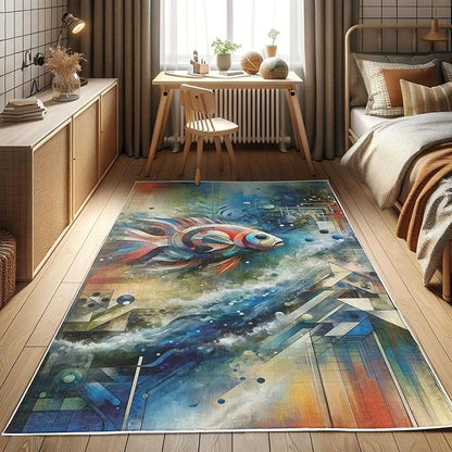 Ambesonne Modern Art Decorative Rug, Abstract Design of Color Jumble with Geometric Leafy Ornaments and Fish, Quality Carpet for Bedroom Dorm and Living Room, 2' 5" x 5', Sea Blue Multicolor