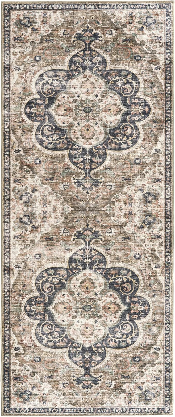 ReaLife Rugs Machine Washable Area Rug Runner - Living Room Bedroom Bathroom Kitchen Entryway Office - Padded Low Pile Stain Resistant Premium - Boho Farmhouse Vintage - Joy - Brown Beige 2'6" x 6'