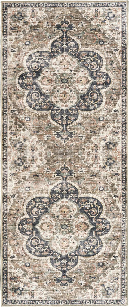 ReaLife Rugs Machine Washable Area Rug Runner - Living Room Bedroom Bathroom Kitchen Entryway Office - Padded Low Pile Stain Resistant Premium - Boho Farmhouse Vintage - Joy - Brown Beige 2'6" x 10'