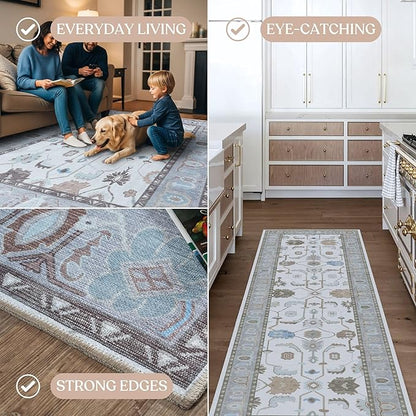 Fame Living Cream Grey Oushak Rug, Modern, Vintage, Turkish, Eclectic, Floral, Pastel, Washable, Extra Large Area Rugs for Living Room, Dining, Bedroom, Lounge, 9'x12'