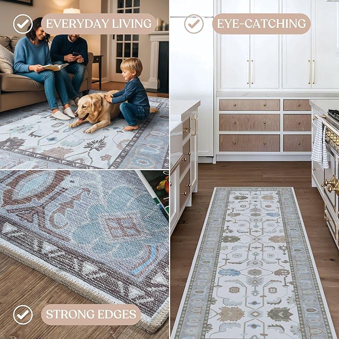 Fame Living Faded Oushak Rug, Turkish Vintage Floral Pastel Large Oversized Area Rugs for Living Room Dining Bedroom Kitchen Bathroom Nursery (854CGRY, 7'5" x 9'9")