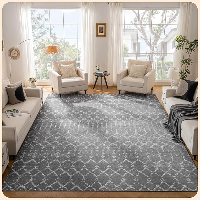 Istana Living Room Rug 10x14 - Dark Grey 10 x 14 Area Rug - Foldable Machine Washable Area Rugs 10x14 - Stylish 10x14 Area Rugs Boho - Stain Resistant Washable Rug 10x14