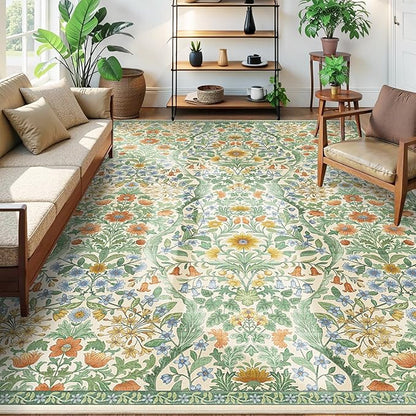 9x12 Grass Green Vintage Floral Area Rug,Washable Large Boho Living Room Rugs,Botanical Print Non-Slip Stain Resistant Lightweight Carpet for Bedroom Dining Room Nursery