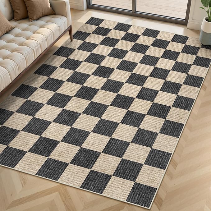 LIVEBOX 4x6 Washable Area Rug Checkered, Non-Slip Small Entryway Rug Black Farmhouse Neutral Classic Geometric Boys Rug for Bedroom Living Room Low-Pile Carpet for Indoor Kitchen Bathroom(Black 4'x6')