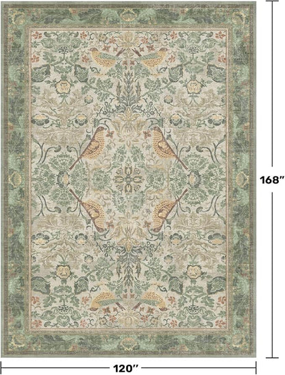 Floral Large Rugs for Living Room 10x14 - Sage Green Area Rug for Dining Room Under Kitchen Table, Large Bedroom, Playroom, Washable Folable Non Skid Low Pile Indoor Carpet