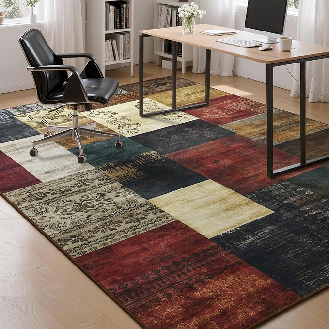 Tepook Modern Area Rug for Living Room, 8x10 Geometric Large Rugs for Bedroom, Washable Patchwork Rug Indoor Non-Slip Throw Carpets for Dining Room Office Farmhouse Home Decor, Multi