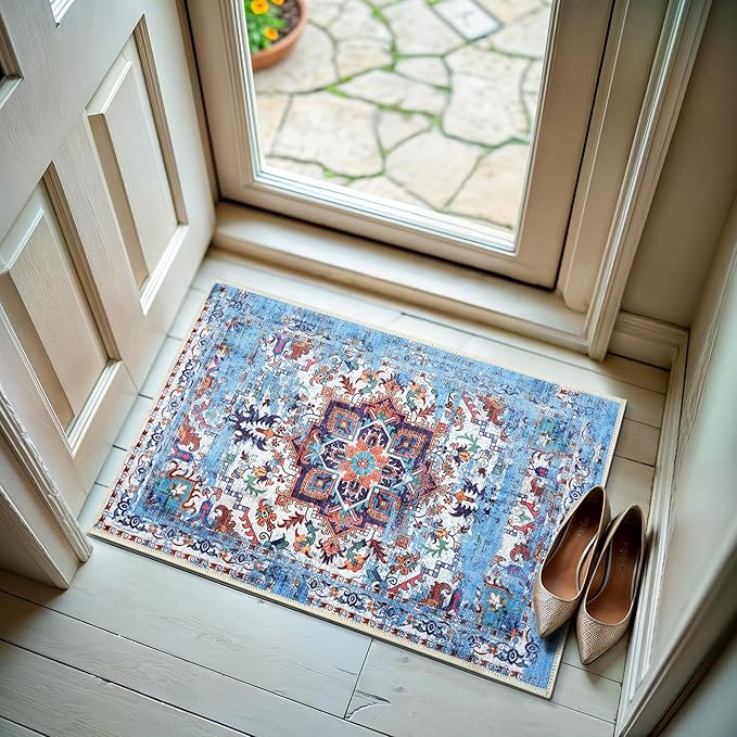 GLN Rugs Traditional Collection - Machine Washable Area Rug, Traditional Washable, Non Slip, Low Pile Chenille Rug, Living Room, Bedroom, Kitchen Rug (2' x 3' Blue/Multicolor)