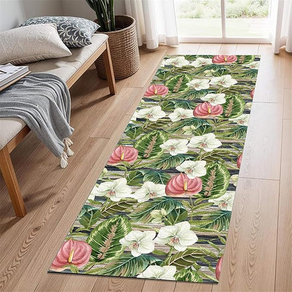 Runner Rug 1.3x7ft Non-Slip - Tropical Floral Watercolor Boho with Orchids & Leaves - Washable Entryway Carpet for Hallway, Bedroom, Dining Room - Green Pink Design
