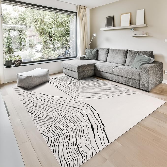 GLN Rugs Contemporary Collection - Machine Washable Area Rug, Contemporary Washable, Non Slip, Low Pile Chenille Rug, Living Room, Bedroom, Kitchen Rug (6' x 9' Beige Black)