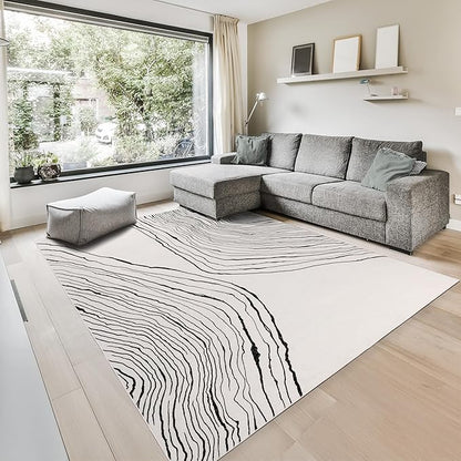 GLN Rugs Contemporary Collection - Machine Washable Area Rug, Contemporary Washable, Non Slip, Low Pile Chenille Rug, Living Room, Bedroom, Kitchen Rug (9' x 12' Beige Black)