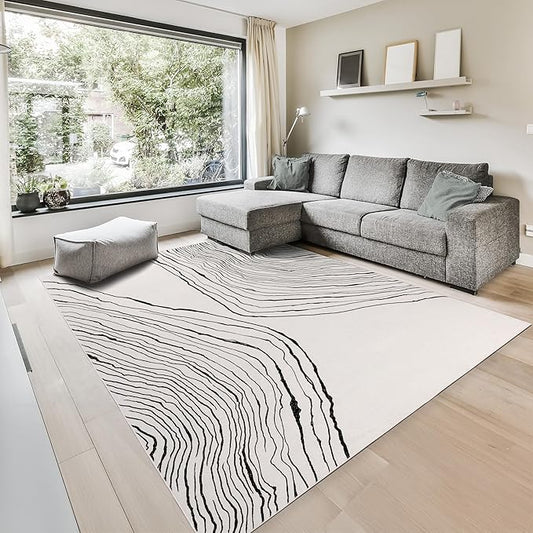 GLN Rugs Contemporary Collection - Machine Washable Area Rug, Contemporary Washable, Non Slip, Low Pile Chenille Rug, Living Room, Bedroom, Kitchen Rug (4' x 6' Beige Black)