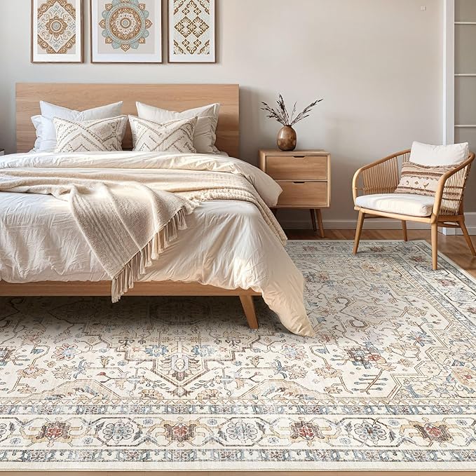 9x12 Area Rug Living Room: Washable Boho Large Neutral Vintage Soft Rugs Stain Resistant Farmhouse Non Slip Indoor Floor Carpet for Bedroom Nursery Kids Playroom Office Dining Room- Cream Blue