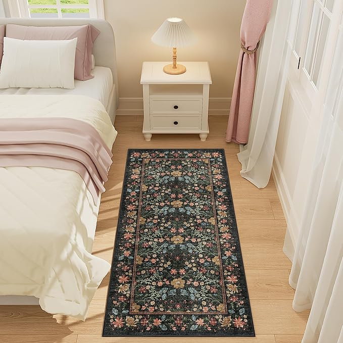 DUKINO 2x4 Rug for Entryway, Lightweight Washable Runner Rug with Non Slip Backing, Vintage Floral Low Pile Small Carpet Runner for Kitchen, Hallway, Entryway, Bathroom, Bedroom, Black