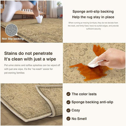 HUGEAR 2x6 Machine Washable Hallway Runner Rugs Vintage Brown - Neutral Non Slip Stain Resistant Low Pile Aesthetic Throw Carpet Kids & Pet Friendly for Bedroom Kitchen