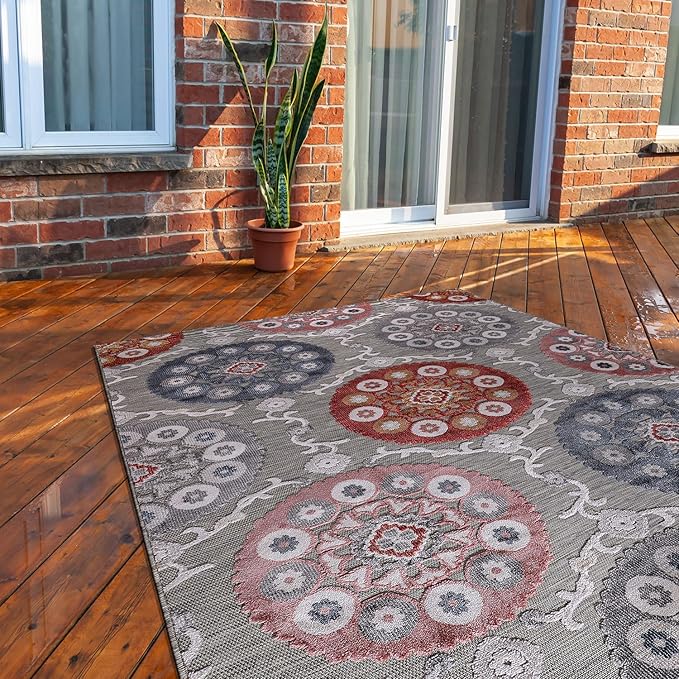 CAMILSON Indoor Outdoor Rug 10x14 Bohemian Medallion Floral Area Rugs for Indoor and Outdoor Patios Easy-Cleaning Non-Shedding Living Room Garden and Kitchen Washable Outside Carpet (10x14-Multicolor)